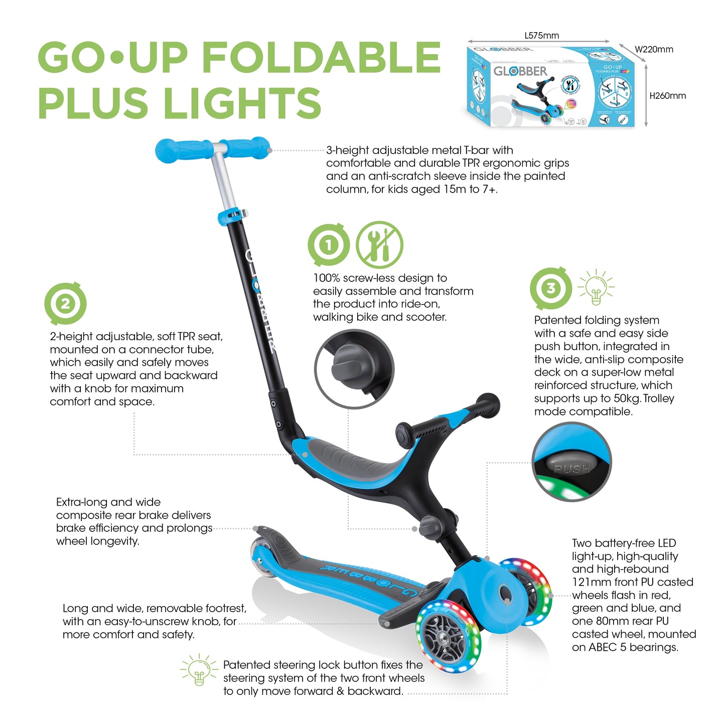 Patinete Globber todo en uno con luces - Go Up Foldable Plus Lights Rosa Pastel