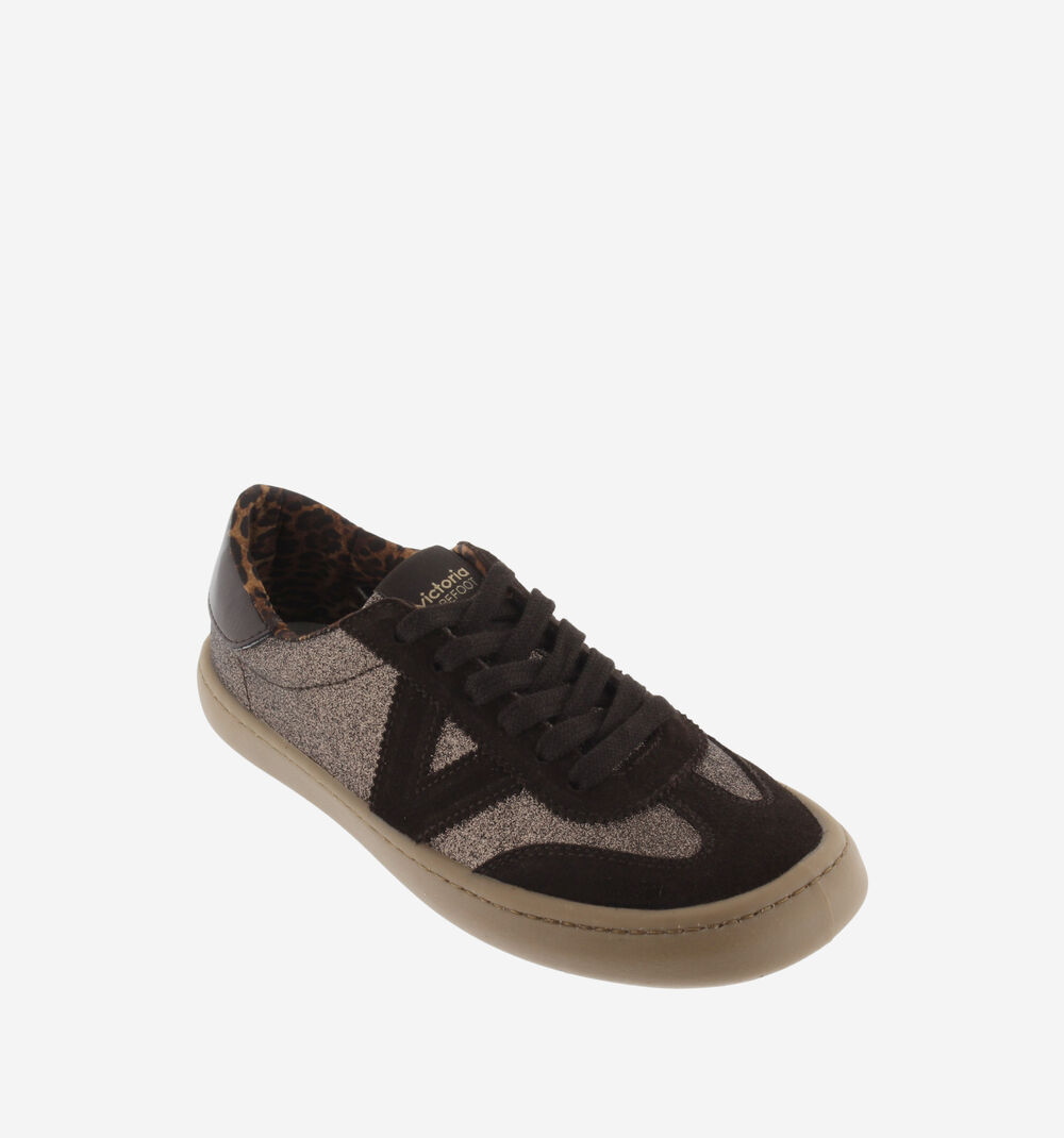 Zapatilla Olmo Barefoot Glitter y Serraje Marrón - Victoria