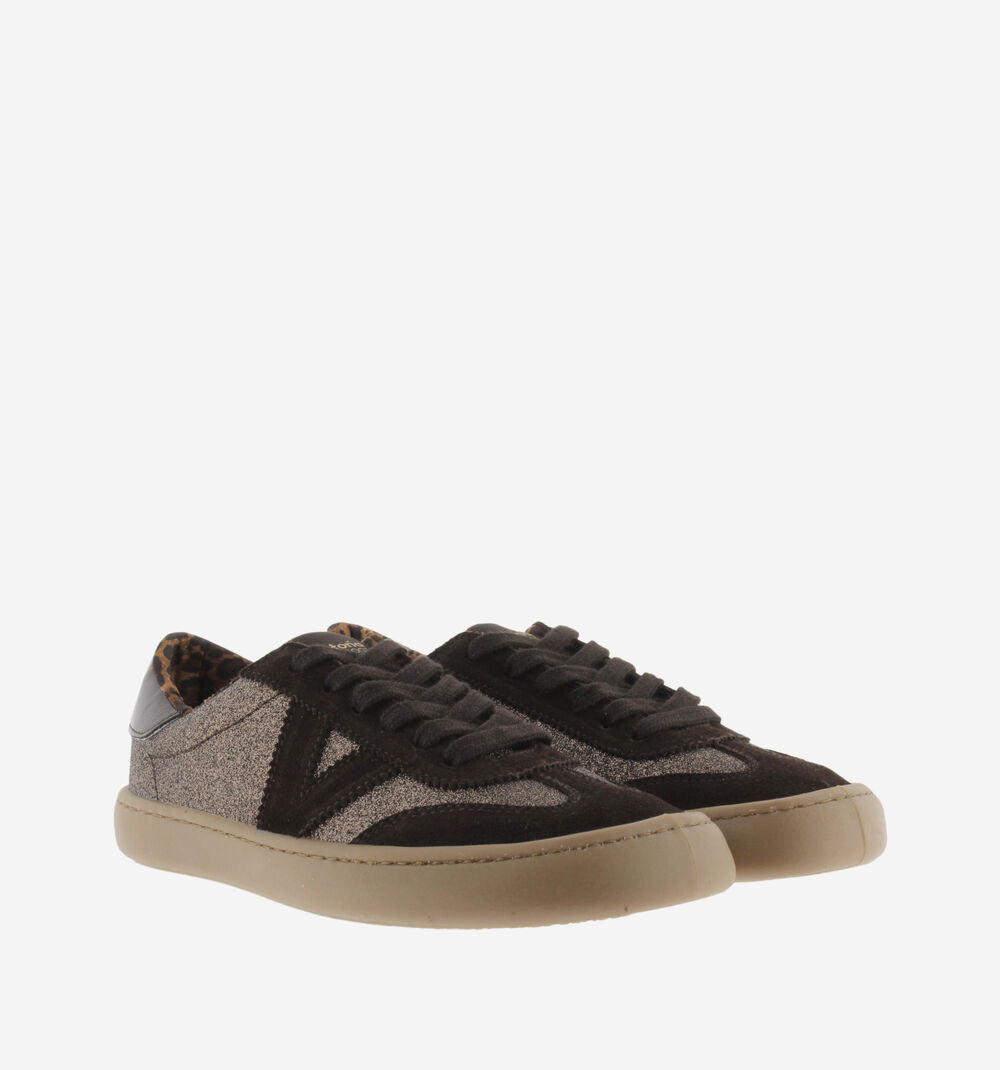 Zapatilla Olmo Barefoot Glitter y Serraje Marrón - Victoria