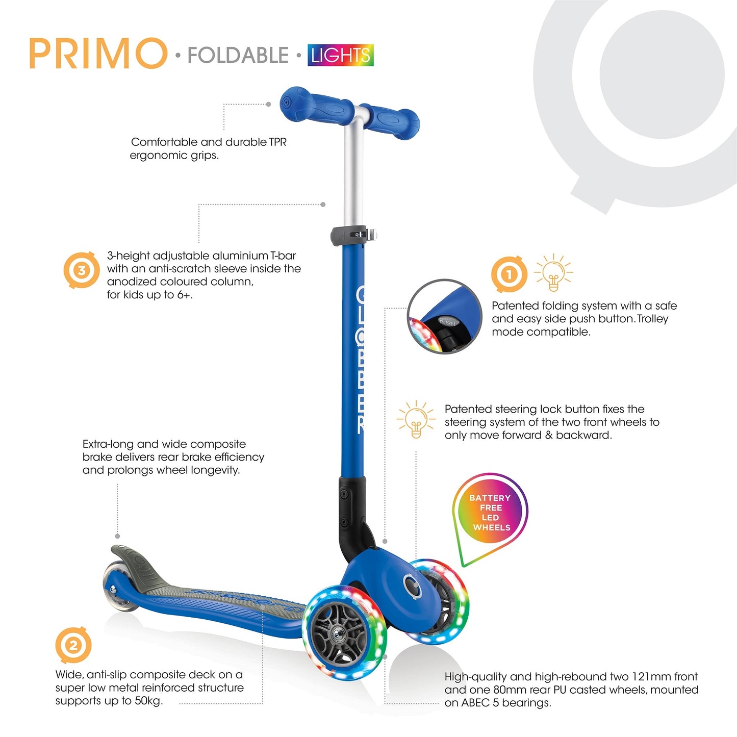 Patinete Globber con luces - Primo Foldable Lights Azul
